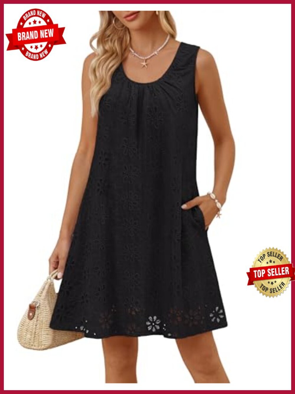 Women's Sleeveless Eyelet Sundress Mini Dress Cotton A-Line